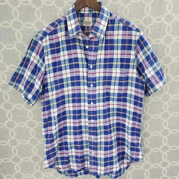 Vintage Gritmanbros. Made In USA Linen Blend Button Up Plaid Men's Short Sleeve - Picture 1 of 8